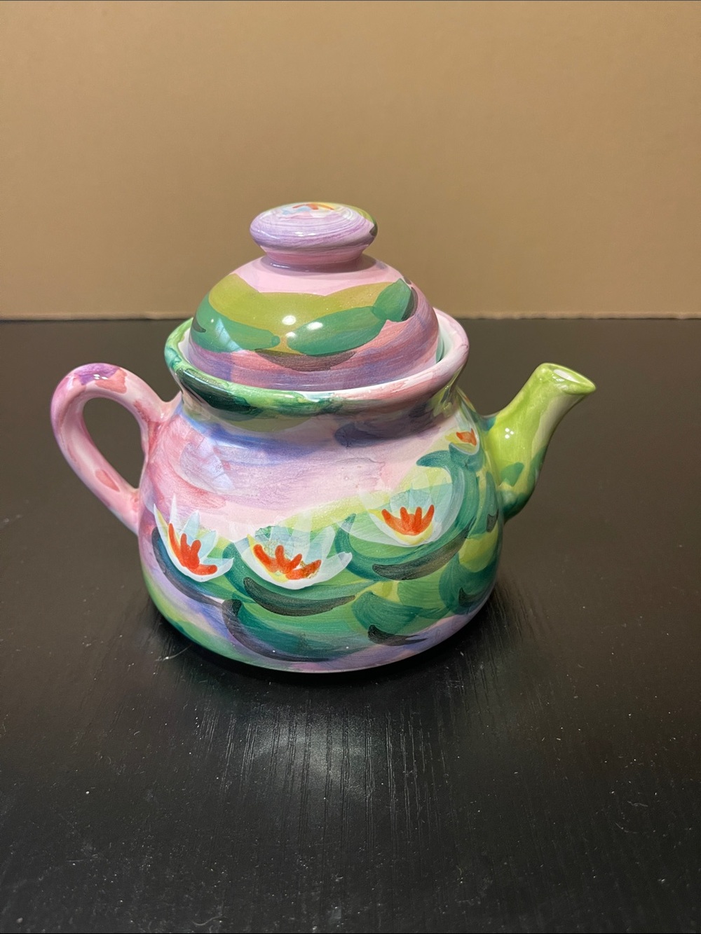 Hand-Painted Pink & Green Ceramic Teapot with Floral Motif